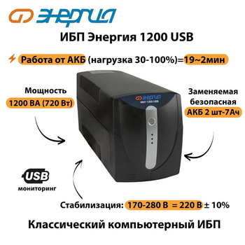 Энергия ИБП 1200 USB - ИБП и АКБ - ИБП для компьютера - Магазин сварочных аппаратов, сварочных инверторов, мотопомп, двигателей для мотоблоков ПроЭлектроТок